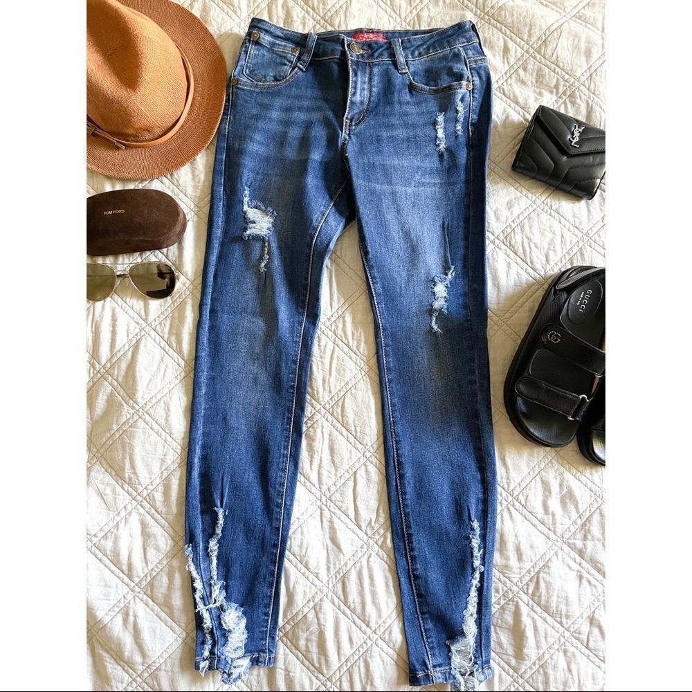 Blue denim skinny distressed jeans